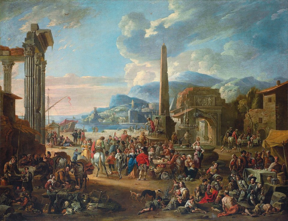Anton Goubau - Capriccio of a mediterranean port with Roman ruins