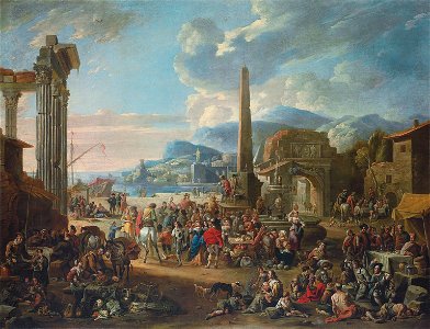 Anton Goubau - Capriccio of a mediterranean port with Roman ruins