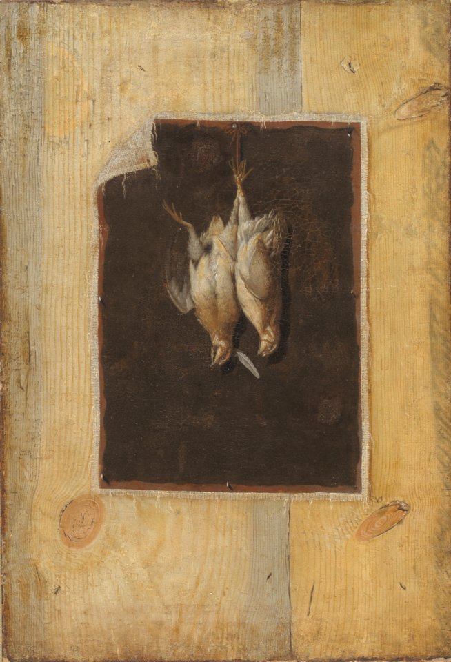 Cornelius Norbertus Gijsbrechts - Trompe l'Oeil. Board Partition with a Still Life of Two Dead Birds Hanging on a Wall - KMS3030 - Statens Museum for Kunst