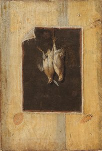 Cornelius Norbertus Gijsbrechts - Trompe l'Oeil. Board Partition with a Still Life of Two Dead Birds Hanging on a Wall - KMS3030 - Statens Museum for Kunst. Free illustration for personal and commercial use.