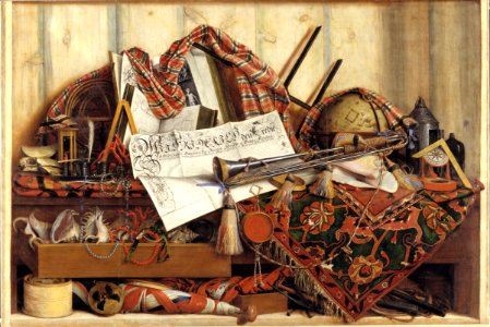Cornelius Norbertus Gijsbrechts - Trompe l'Oeil with Trumpet, Celestial Globe and Proclamation by Frederik III - KMSst461 - Statens Museum for Kunst