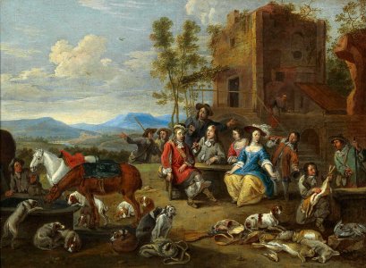 Jan van den Hecke - A hunting party resting in a southern landscape. Free illustration for personal and commercial use.