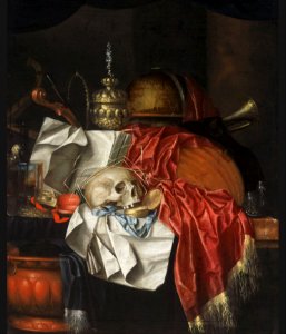 Franciscus Gijsbrechts - Vanitas still life with a skull, a gold pocket watch, an hour glass, a globe, musical instruments, candlestick, a gold tazza and an open book on a partially draped table