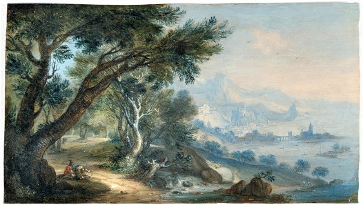 Jan Frans van Bredael - Wooded landscape with a town river and a town in the distance