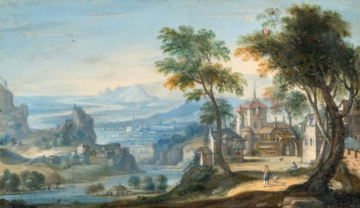 Jan Frans van Bredael - Mountainous landscape with a town along the river
