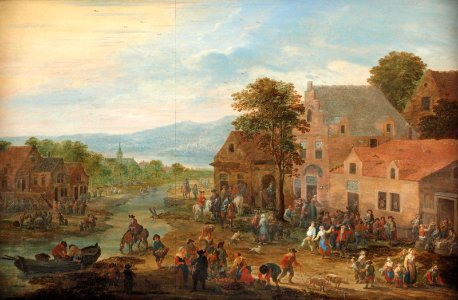 Mathys Schoevaerdts - Townscape with fruit vendors, horsemen and villagers making merry