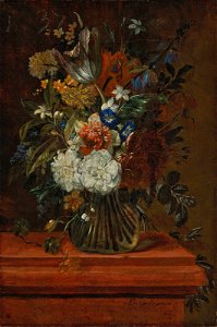 Gaspar Peeter Verbruggen (II) - Flowers in a glass vase on a marble ledge (2)