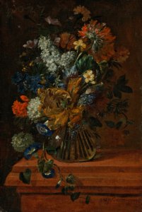 Gaspar Peeter Verbruggen (II) - Flowers in a glass vase on a marble ledge (1)