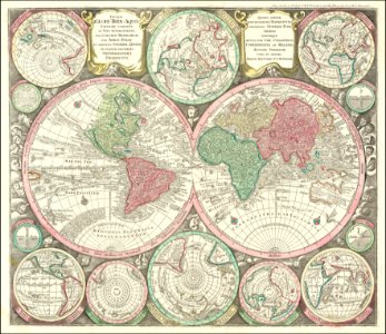 1730 double hemisphere map of the world by Matthaus Seutter. Free illustration for personal and commercial use.
