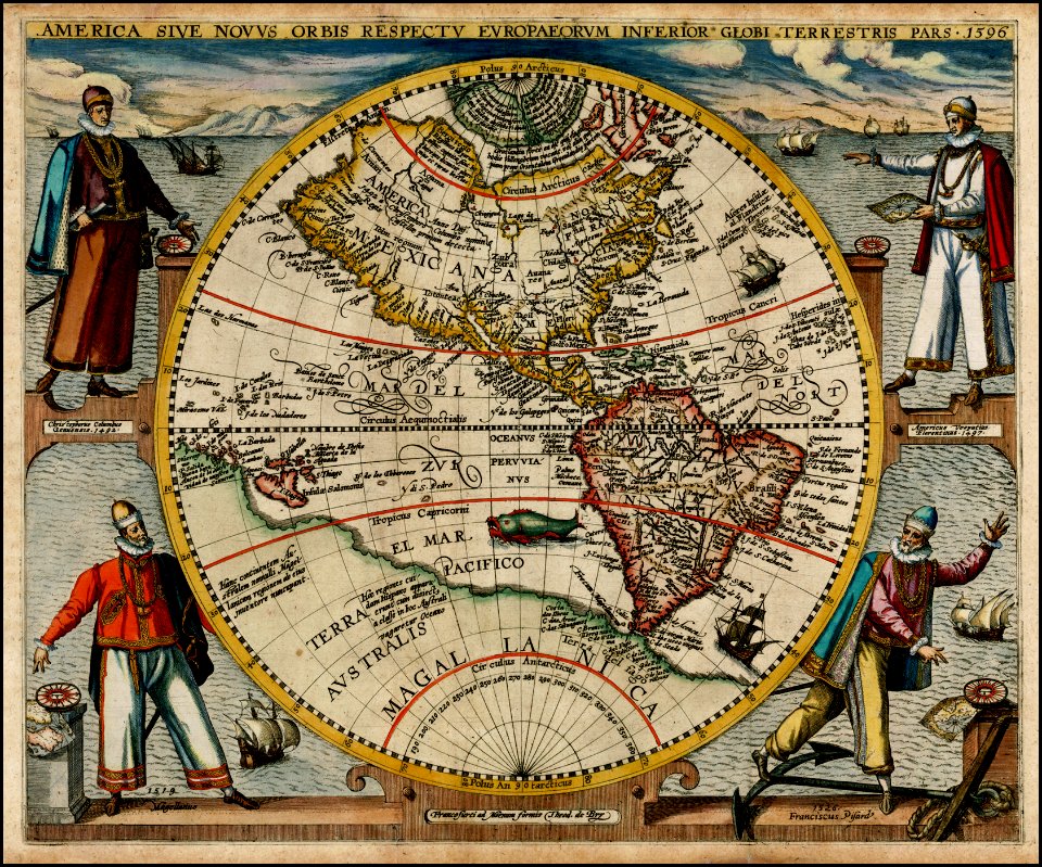 America or the New World map by Theodor de Bry 1596