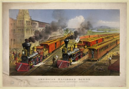 American railroad scene- lightning express trains leaving the junction LCCN90708612. Free illustration for personal and commercial use.