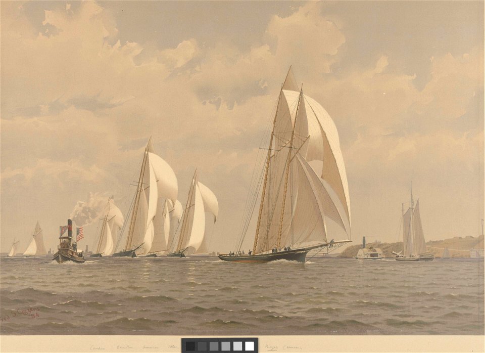 American Yachts Plate VI. Cambria, Dauntless, America, Idler and Magic. The Finish off Staten Island - 1870. Cup Race RMG PY8763