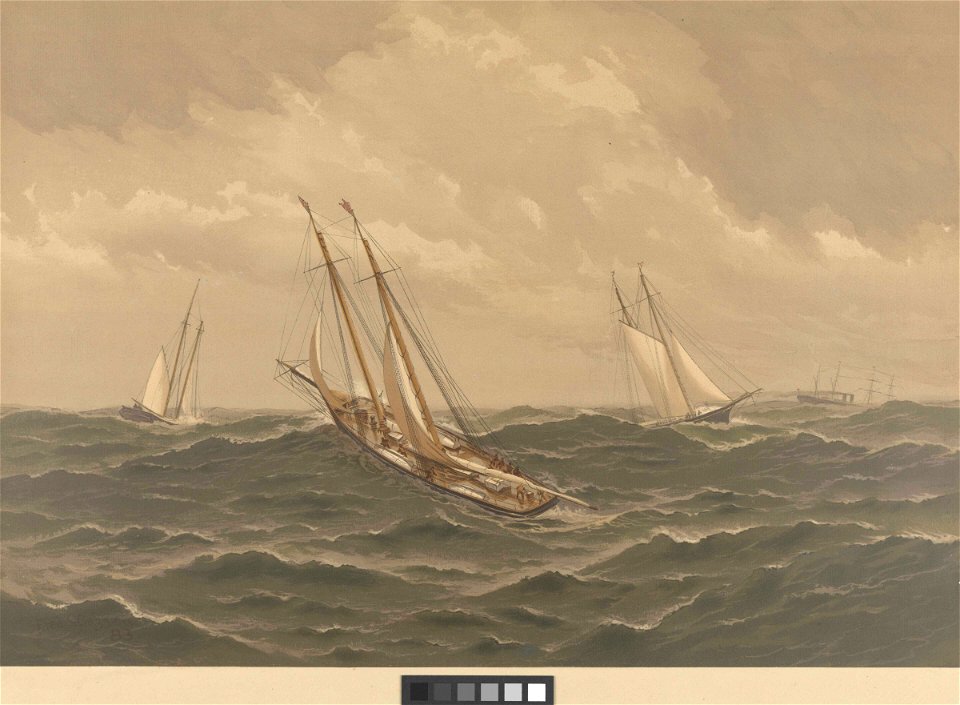 American Yachts Plate XV. Lying-to off George's Banks. Norseman and Atalanta RMG PY8790