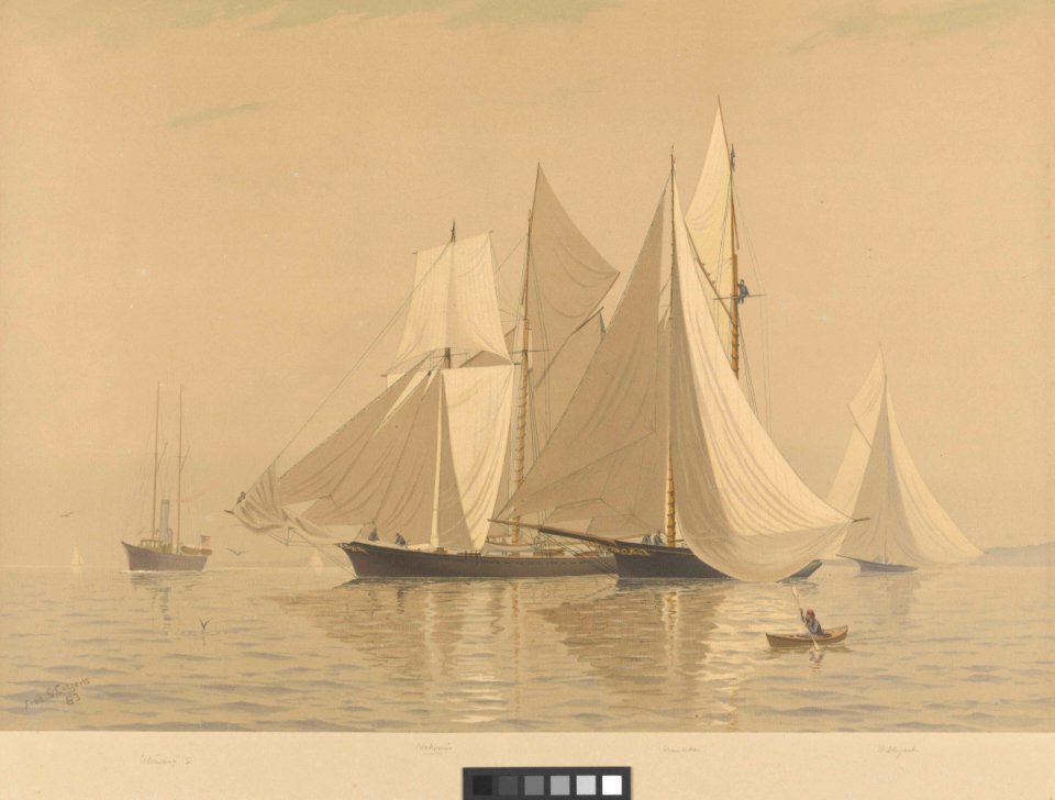 American Yachts Plate XXI. Utowana, S.Y. Nokomis, Crusader and Hildegard. A misty morning - Drifting RMG PY8784