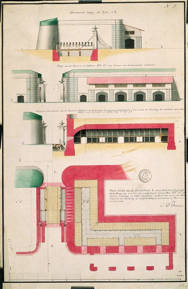 AMH-4527-NA Map and elevation of the main entrance gate to Fort Oostenburg at Trinconomale