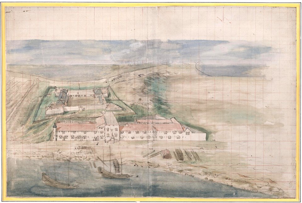 AMH-6167-NA View of Governor's house and warehouses in front of Fort Zeelandia on Formosa