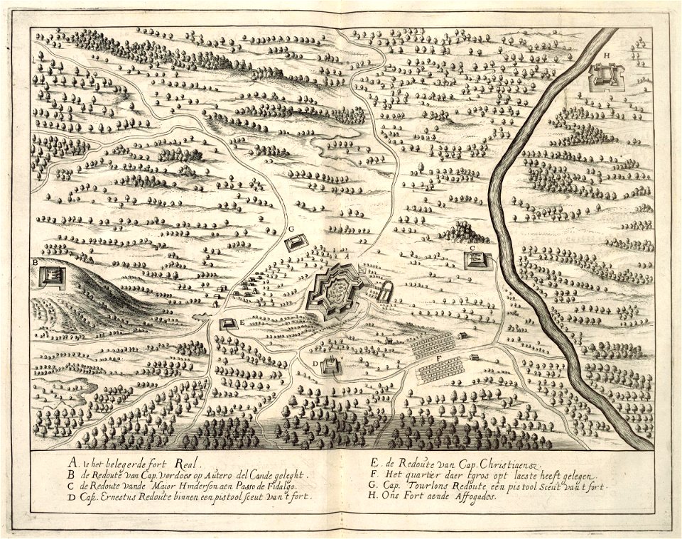 AMH-6719-KB Bird's eye view of the seige of Fort Real in 1633 or 1635