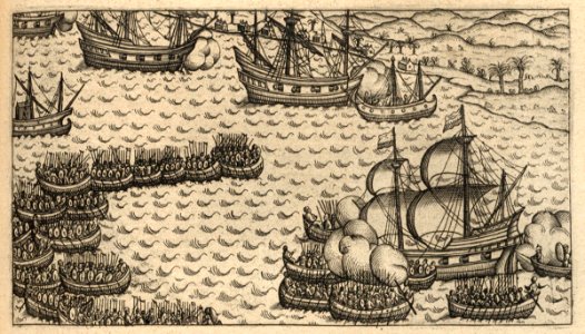 AMH-6464-KB Battle of Bantam between Portuguese and Bantam people, 1956, by the De Houtman expedition
