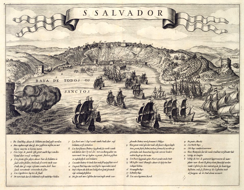 AMH-6700-KB Gezicht op de slag om stad San Salvador in de Allerheiligenbaai tussen Nederlanders en Portugezen in 1624