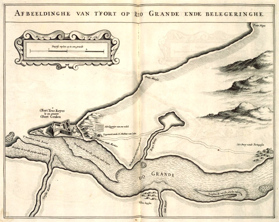 AMH-6715-KB Bird's eye view of the fort of Keulen near the Rio Grande and environs