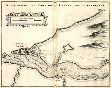 AMH-6715-KB Bird's eye view of the fort of Keulen near the Rio Grande and environs