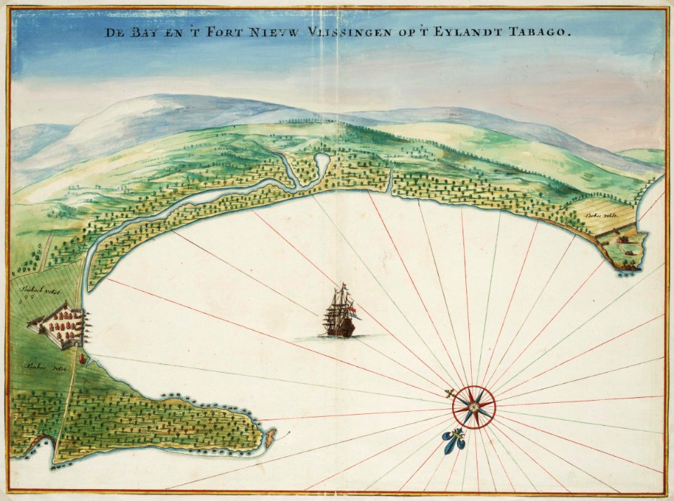 AMH-6798-NA Bird's eye view of the bay and the fort of Nieuw Vlissingen on Tobago