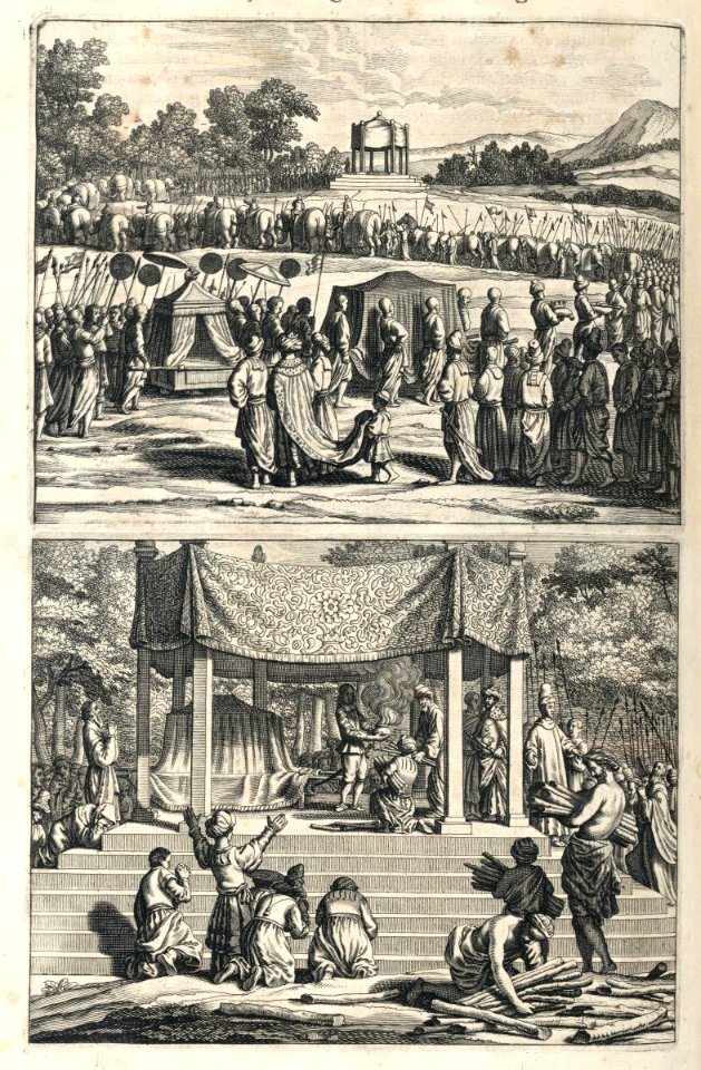 AMH-6983-KB Two pictures showing the funeral of the prince of Kandy in 1612