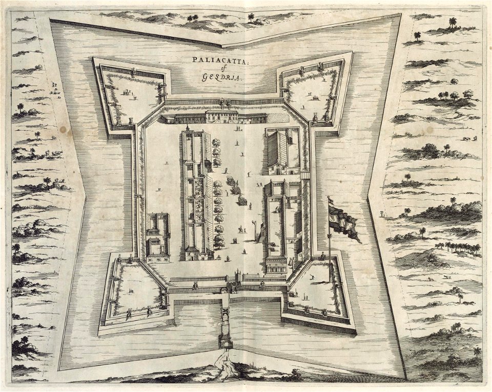 AMH-6952-KB Bird's eye view of the fort of Geldria near Pallicate