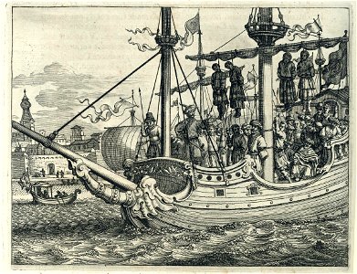 AMH-6958-KB The king of Aden hung from the mast of Soliman Bassus' galleon