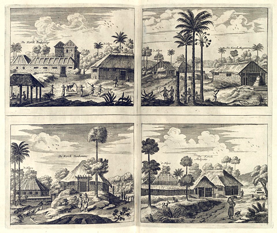 AMH-7004-KB Four views of the churches of Poelepolay, Mogommate, Tambamme, Mulipatto