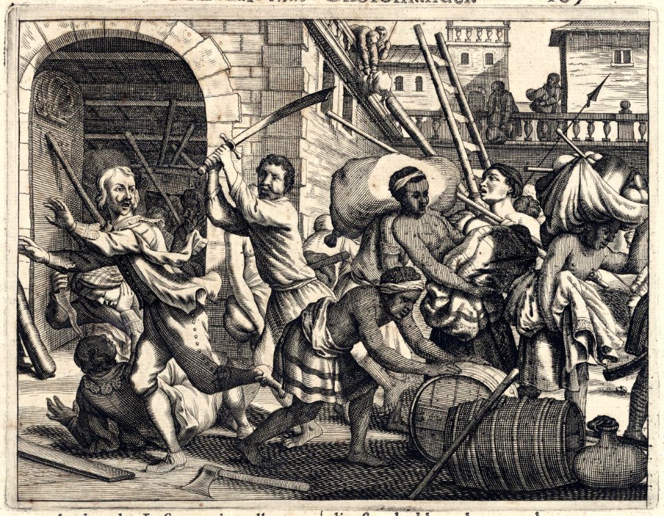 AMH-6961-KB Portugese trading post in the province of Calicut being attacked by Indians