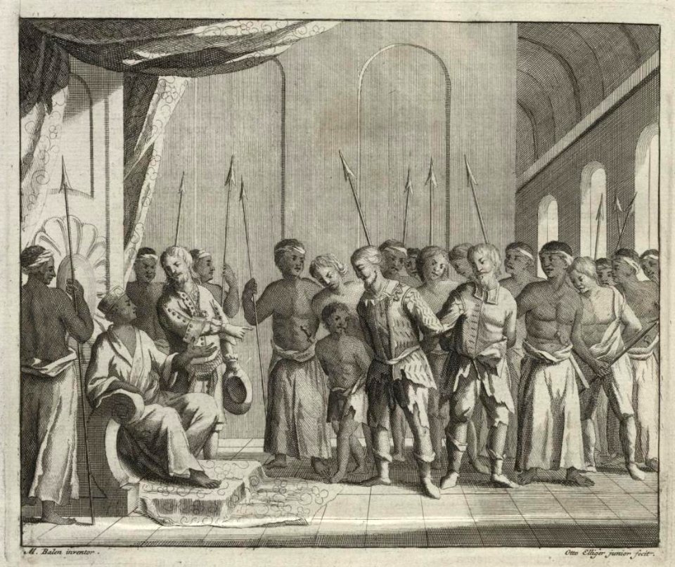 AMH-7250-KB Pieter van den Broecke taken captive by the king of Jakatra, 1619 (cropped to illustration)