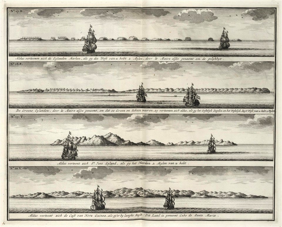 AMH-7221-KB Views of the islands of Marken, the Groene islands, Sint Jans island and New Ireland, on the same latitude as Cabo de Santa Maria
