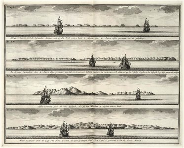 AMH-7221-KB Views of the islands of Marken, the Groene islands, Sint Jans island and New Ireland, on the same latitude as Cabo de Santa Maria