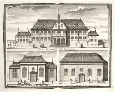 AMH-7245-KB Three views of buildings in Batavia