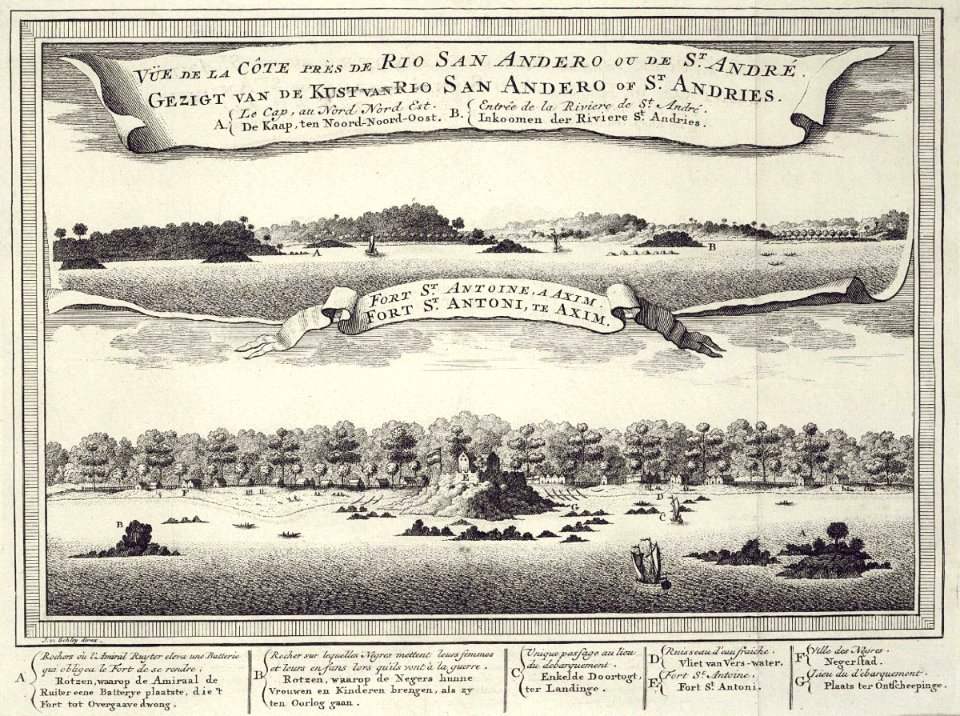 AMH-7941-KB View of the coast on the St. Andries river (top) and Fort St. Antonie at Axim (bottom)