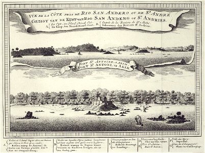 AMH-7941-KB View of the coast on the St. Andries river (top) and Fort St. Antonie at Axim (bottom). Free illustration for personal and commercial use.