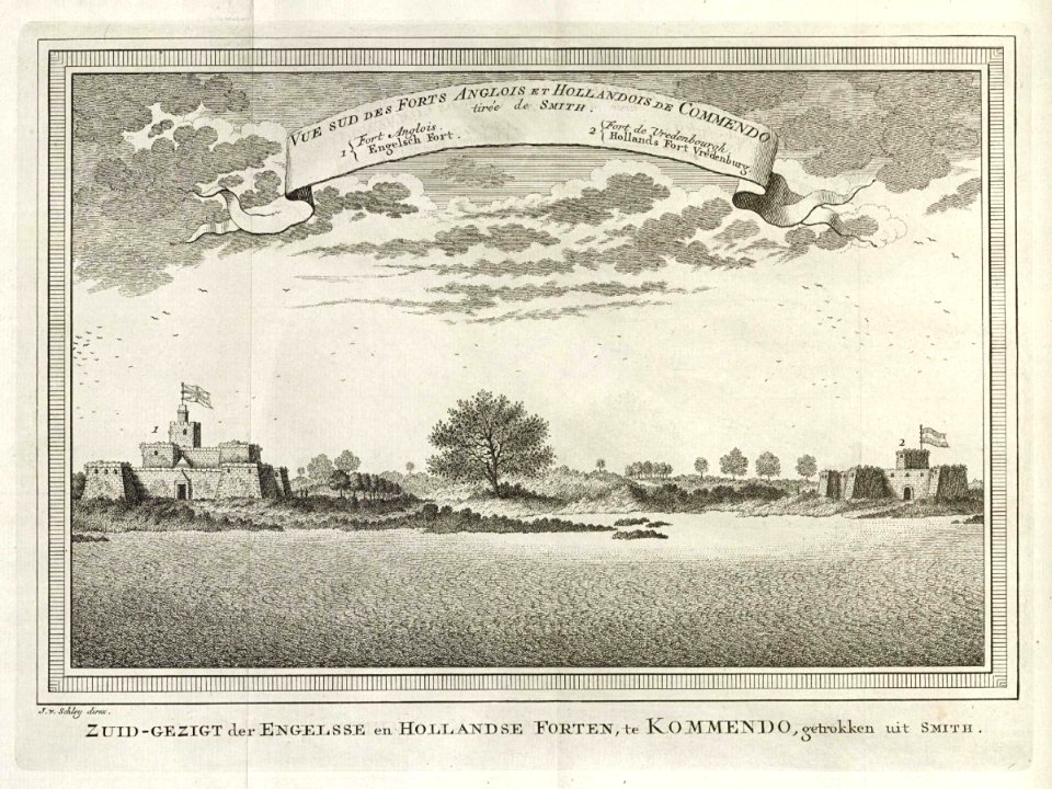 AMH-7947-KB View of the Dutch and English forts at Kommendo