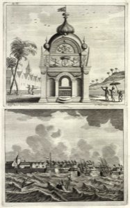 AMH-7258-KB Tomb of the governor's wife Van Steelant and a print showing a storm off the coast of Nagapatnam
