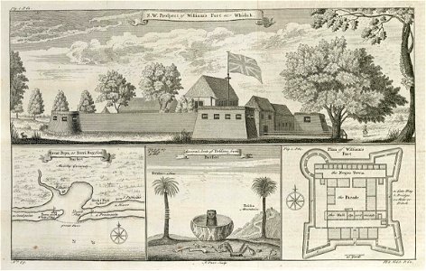 AMH-7898-KB Leaf comprising two prospects, a bird's eye perspective and a floor plan, all showing Whidah or Grand Popo