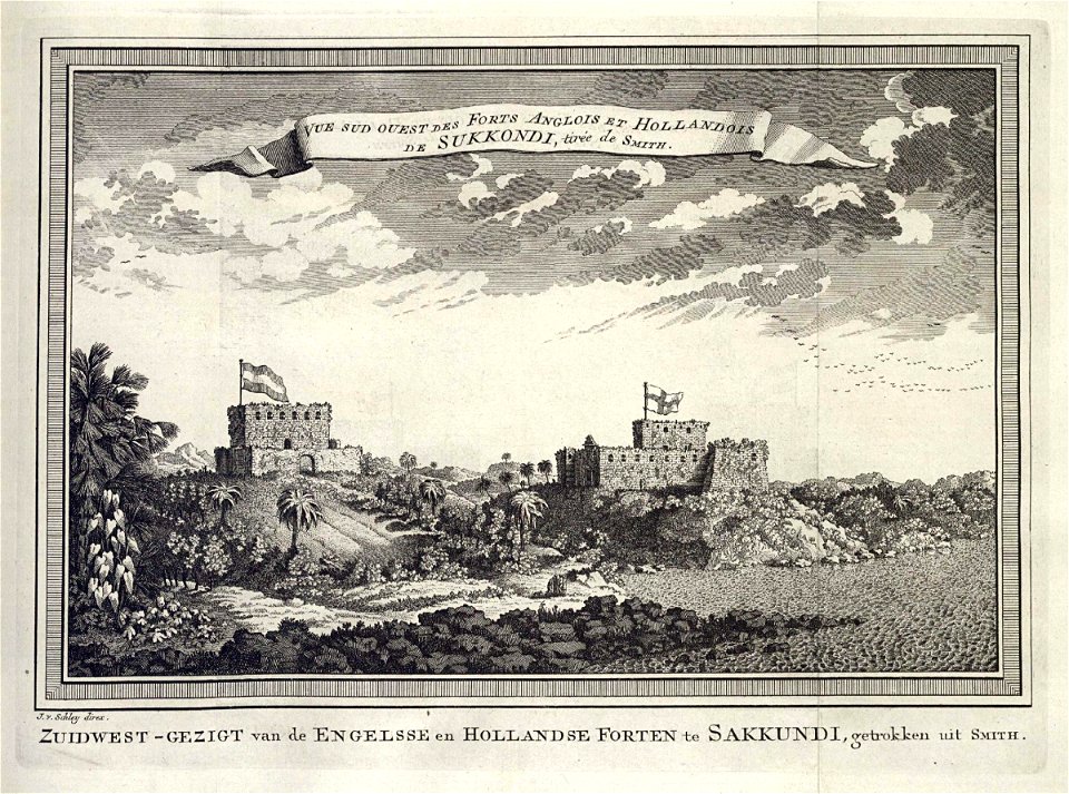 AMH-7946-KB View of the Dutch and English forts at Sakkundi