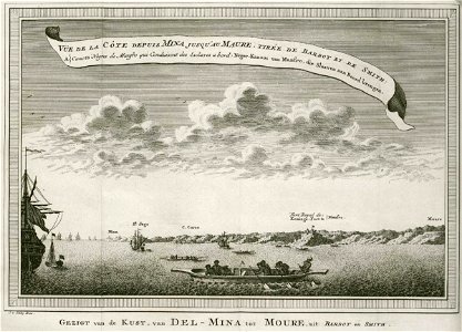 AMH-7942-KB View of the Gold Coast between Elmina and Maure, with in the foreground slaves being loaded on board