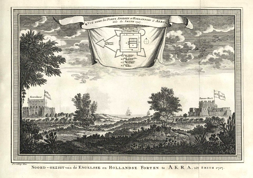 AMH-7948-KB View of the Dutch and English forts at Accra, with a floorplan of the English Fort James. Free illustration for personal and commercial use.