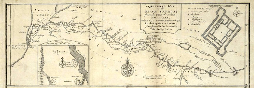 AMH-8162-KB Map of the mouth of the Senegal River and a floorplan of Fort St. Joseph in Galam