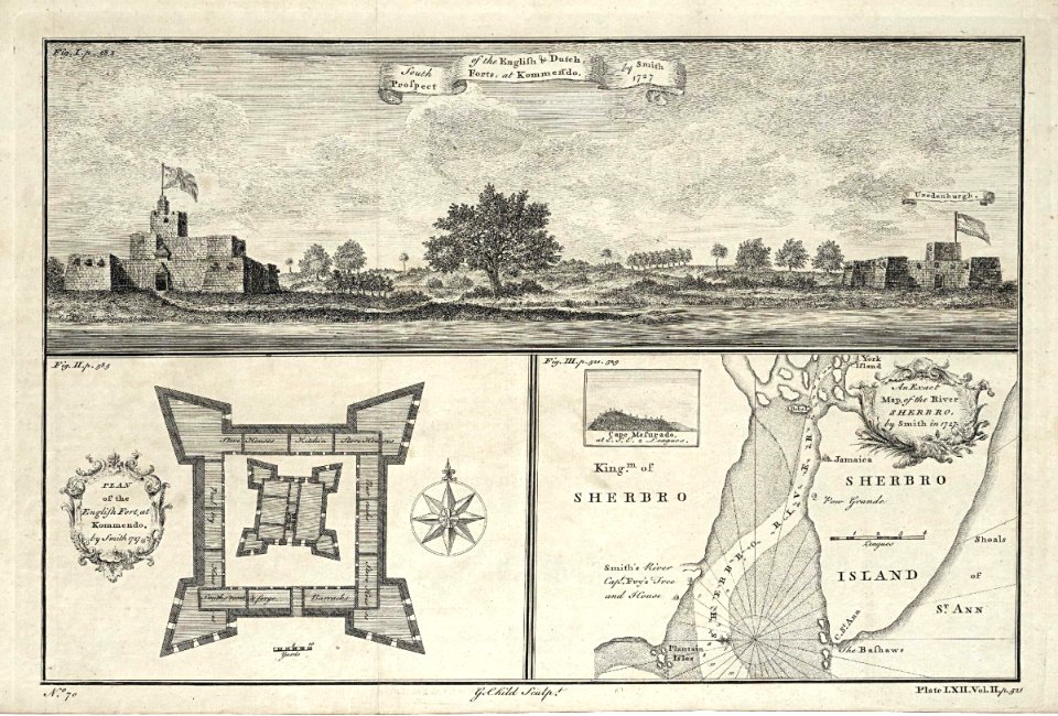 AMH-8168-KB View of the English and Dutch forts at Kommendo, a plan of the English fort and a map of the mouth of the Sherbro River with an inset showing a view o