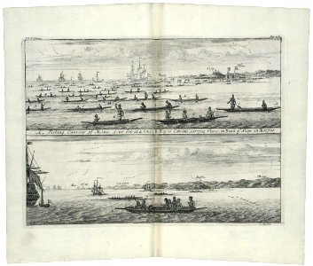 AMH-8140-KB Fishing canoes at Elmina and slaves going on board ship at Manfroe
