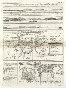 AMH-8153-KB Prospect, chart and two bird's eye views of Cayenne and a view of Cape Cassepourry on a single leaf