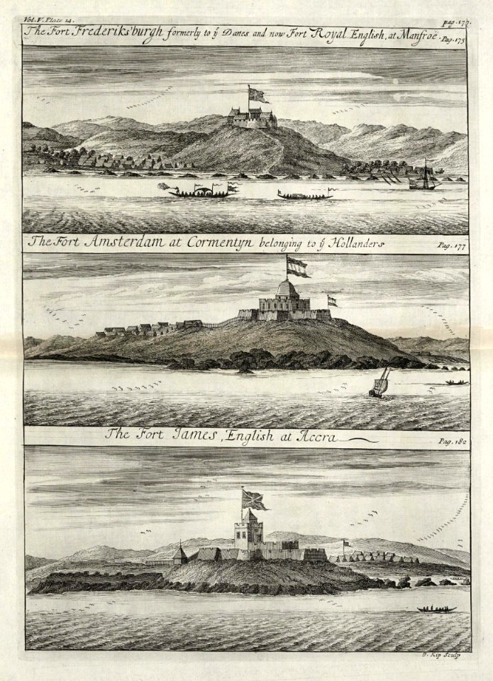 AMH-8146-KB View of Fort Frederiksburg and Fort Amsterdam at Cormantin and Fort James at Accra