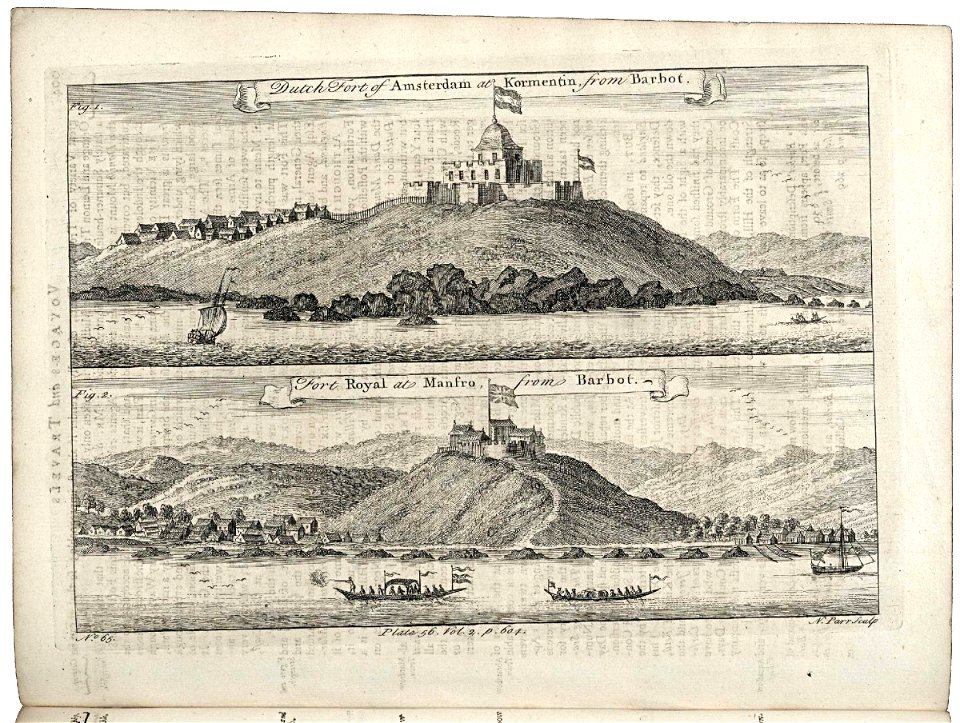 AMH-8176-KB View of Fort Amsterdam at Kormantijn and Fort Royal at Manfro