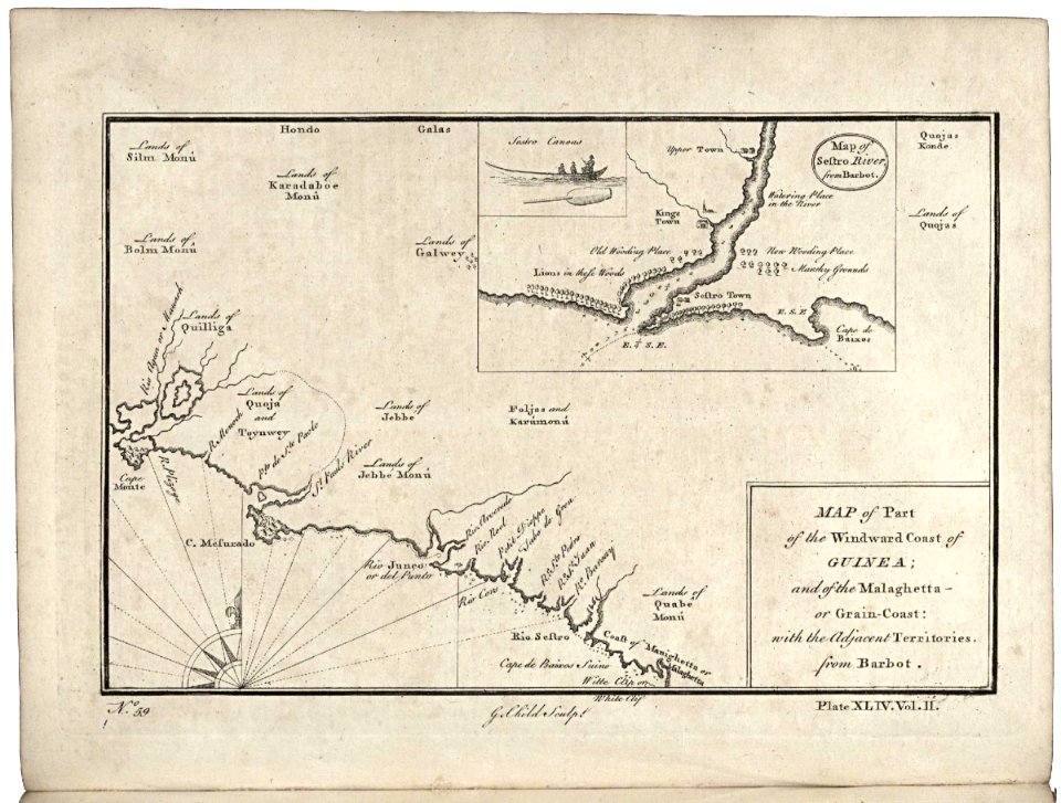 AMH-8169-KB Map of part of the coast of Guinea with an inset showing a chart of the Sestro River